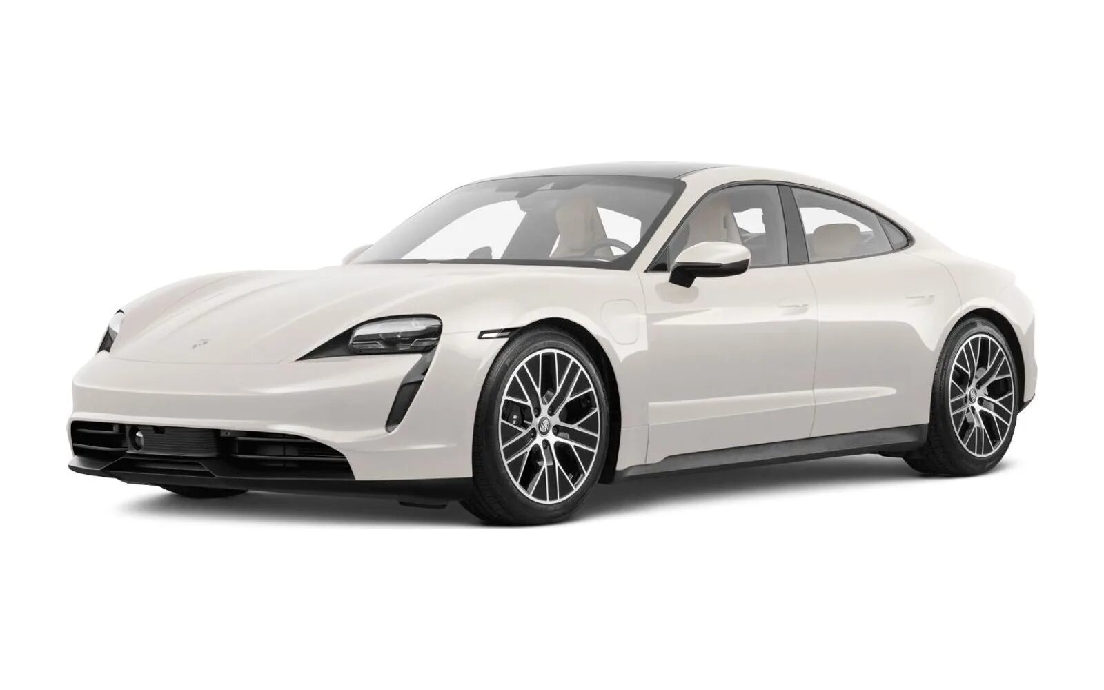 Beyaz Porsche Taycan 4S ön üç çeyrek görünümü
